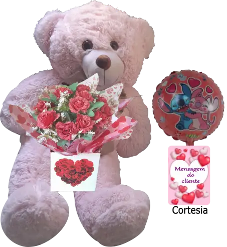 Arranjo de Rosas Artificiais e um Urso de Pelúcia gigante 